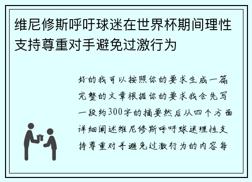 维尼修斯呼吁球迷在世界杯期间理性支持尊重对手避免过激行为